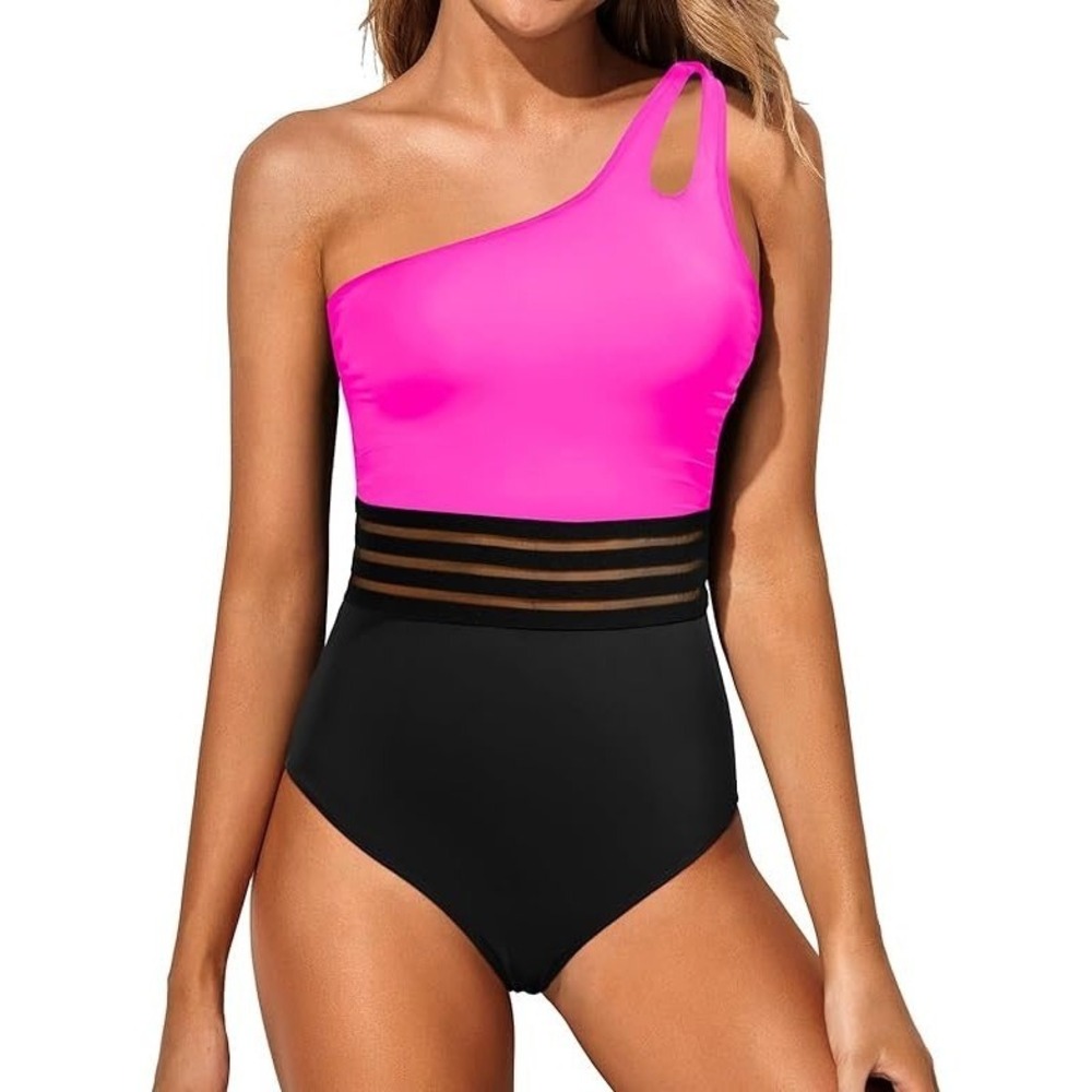 Holipick Womens One Piece Swimsuit Pink Black One Shoulder Mesh XL New With Tags - Picture 1 of 8
